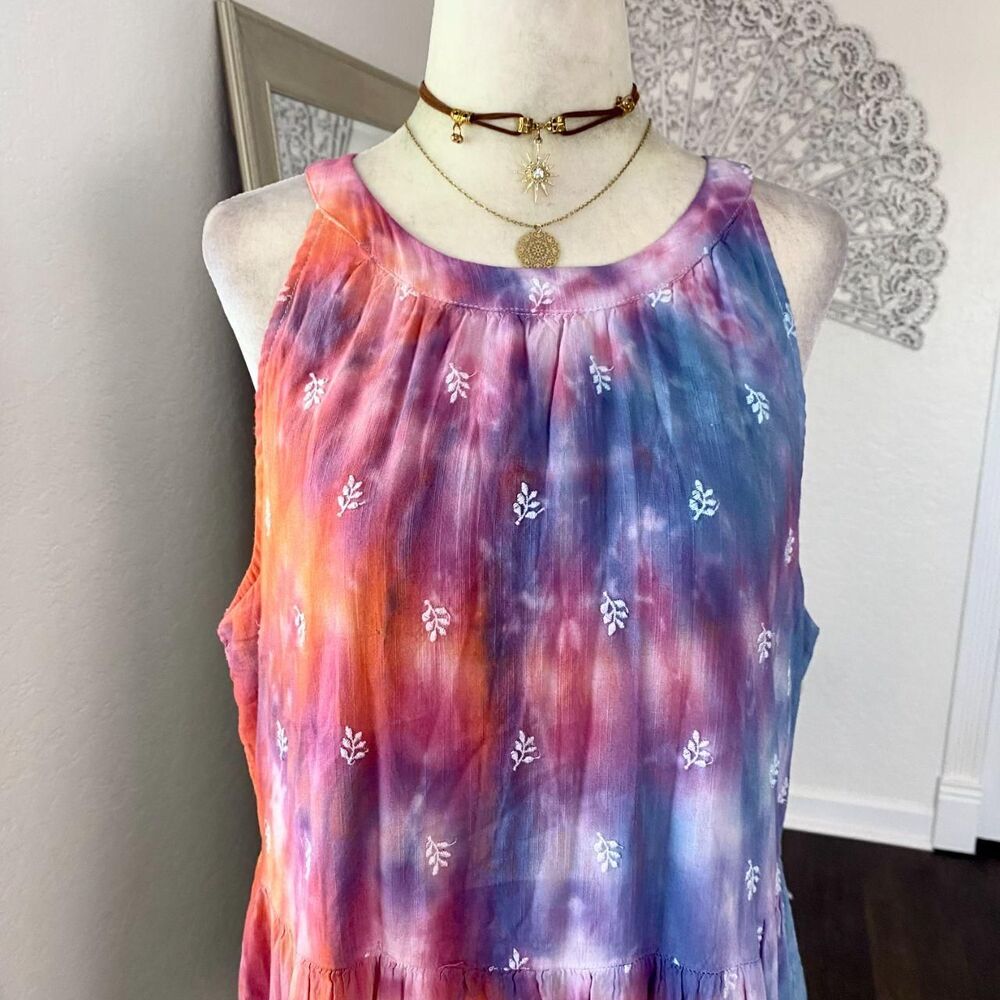 Early 2000's Floral 100% Cotton Orange Pink Purple Tie Die Babydoll Dress L - Picture 3 of 7